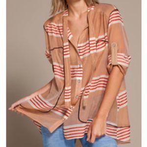 Rag & Bone Jane Beige Stripe Silk Blend Roll Tab Button Down Shirt Size 6